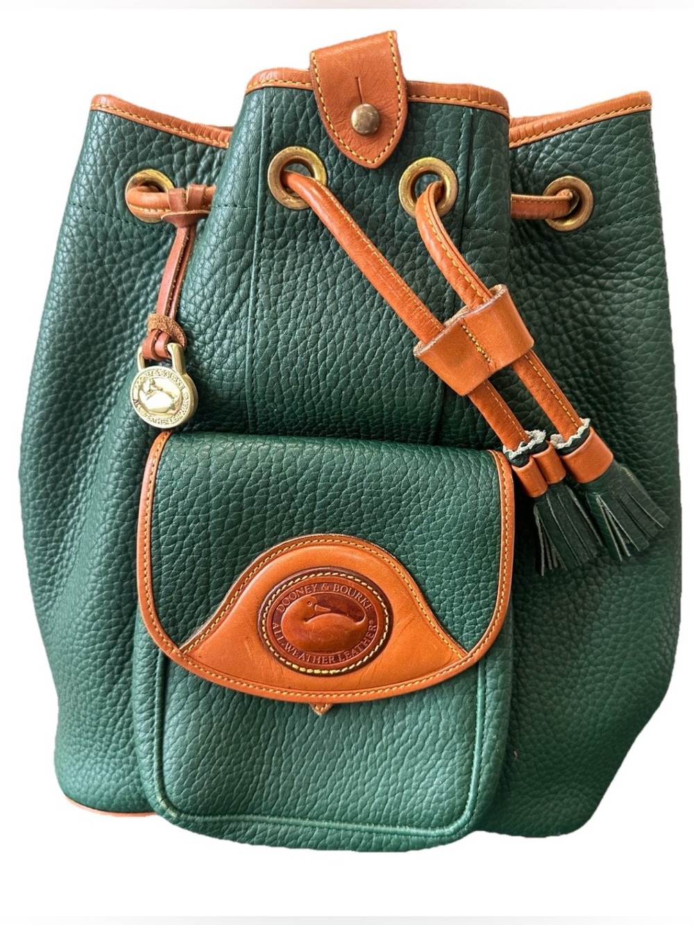 Rare Vintage 90s Dooney & Bourke Fir Green Pebbled Leather Bucket Bag Tan Trim